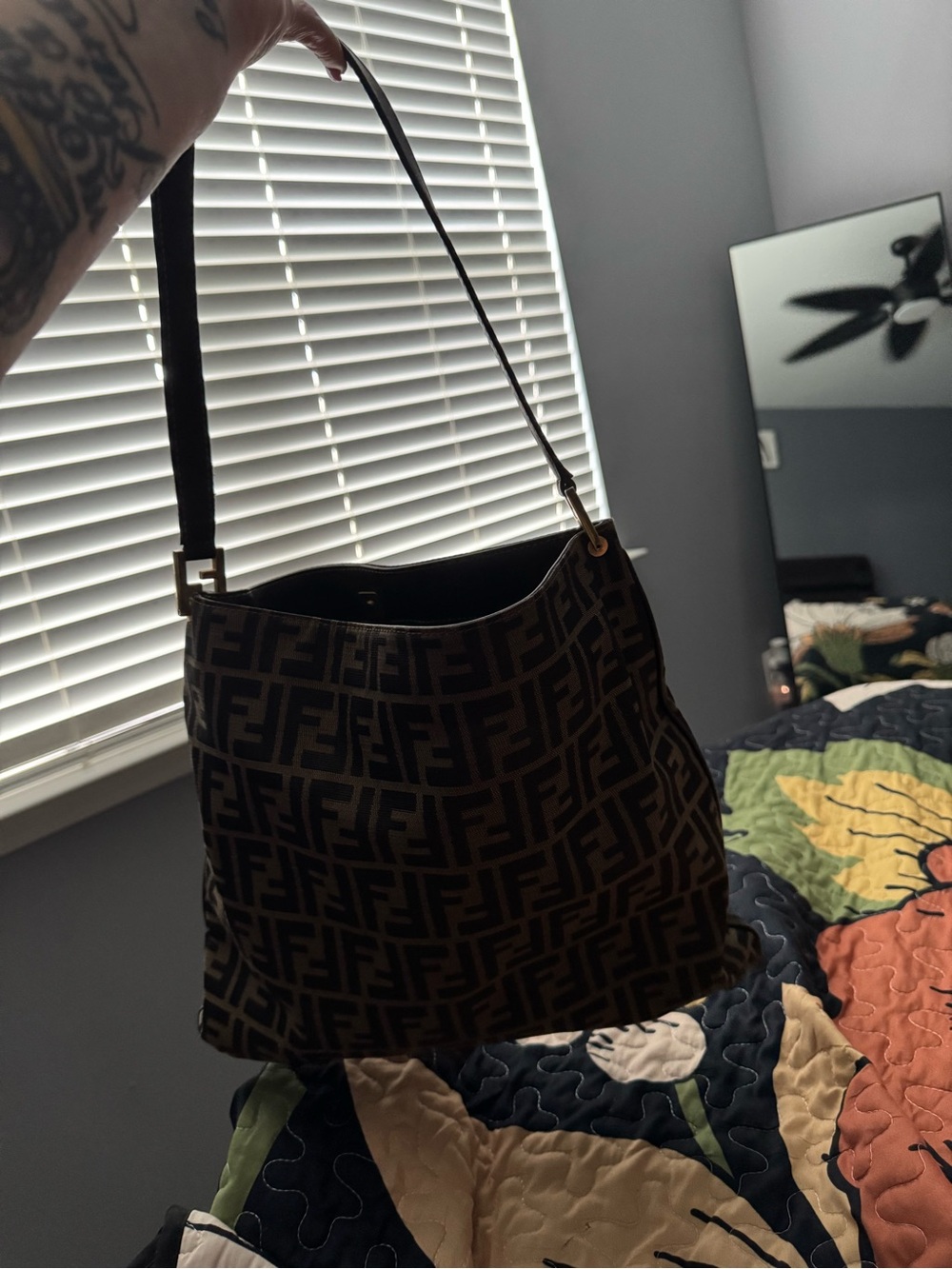 Authentic Fendi Brown FF Logo Shoulder Bag with Gold-Tone Hardware
